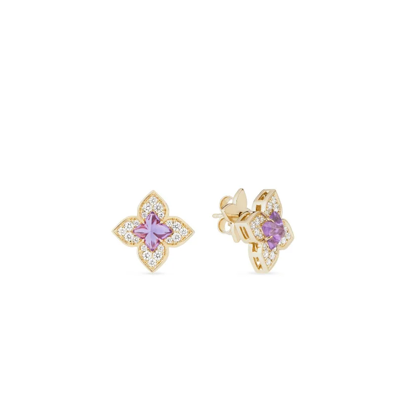 statement earrings for women-Venetian Princess 0.38Ct Diamond and 0.85Ct Amethyst Floral Stud Earrings in 18k Rose Gold