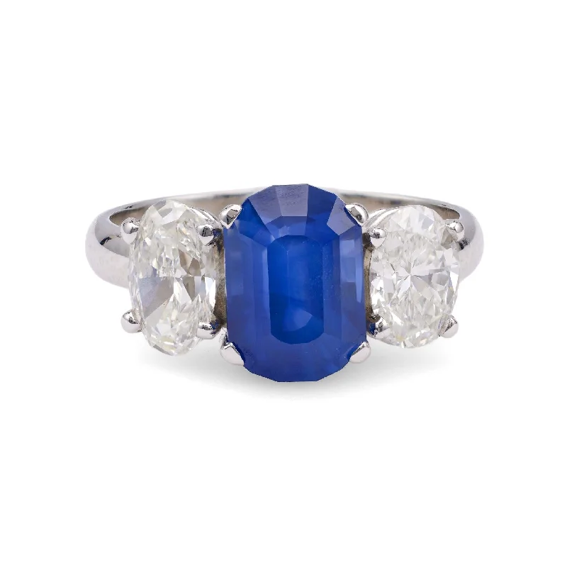 bridal rings for women-Vintage GIA 3.65 Carat Ceylon Sapphire Diamond Platinum Three Stone Ring