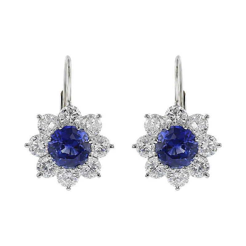 princess cut earrings for women-Platinum Sapphire and Diamond Halo Drop Earrings