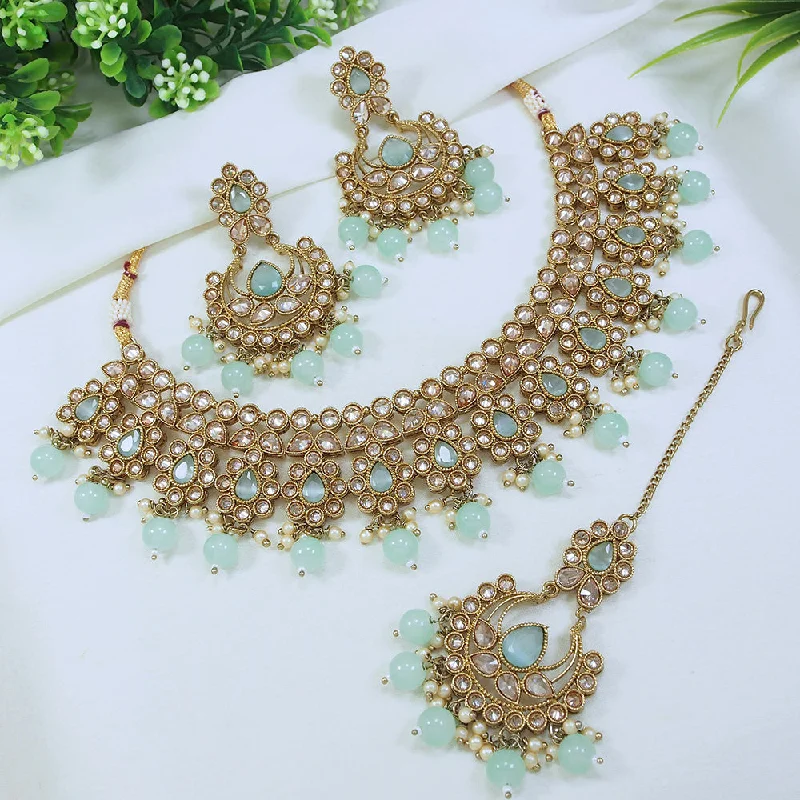 vintage necklaces for women-LALSO Stunning Mehendi Gold plated AD/Zircon Work Necklace Jewelry Set With Maangtika