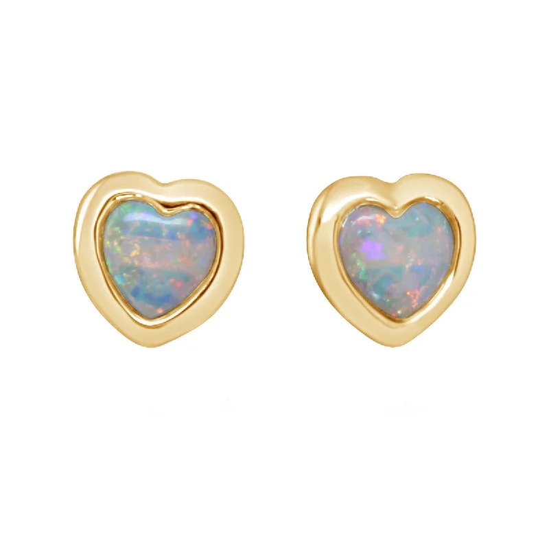 emerald drop earrings for women-14K Yellow Gold Heart Shaped Australian Opal Stud Earrings