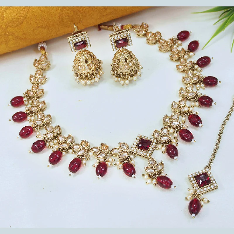 bohemian necklaces for women-LALSO Marvelous Gold plated Zircon Work Necklace Jewelry Set With Maangtika