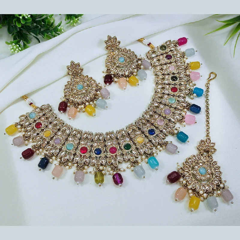 pendant necklaces with diamonds for women-LALSO Designer  Gold plated Zircon Work Necklace Jewelry Set With Maangtika