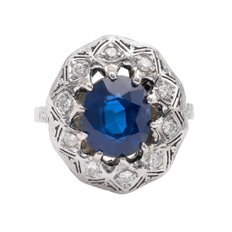 unique rings for women-Mid-Century GIA Thai Sapphire and Diamond 18k White Gold Filigree Ring