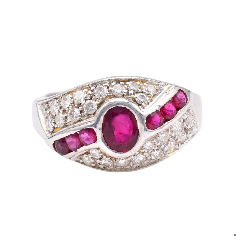 rose gold rings for women-Vintage Italian Ruby and Diamond 18k White Gold Ring