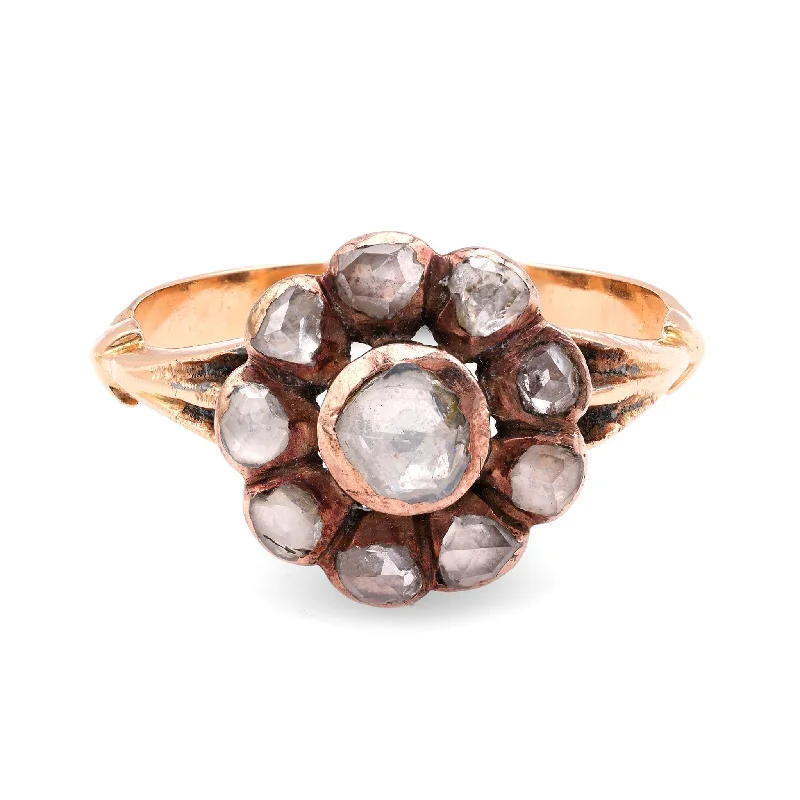 custom name rings for women-Antique Rose Cut Diamond 14K Rose Gold Cluster Ring