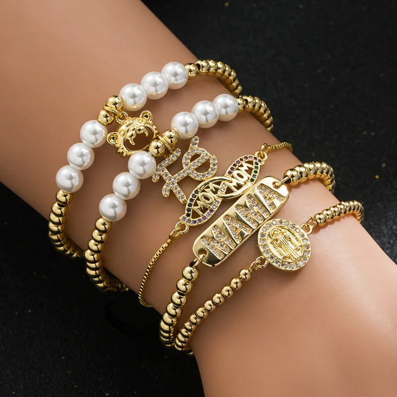 diamond tennis bracelets for women-Simple Mama Pearl Virgin Mary Copper Zircon Gold-plated Bracelet