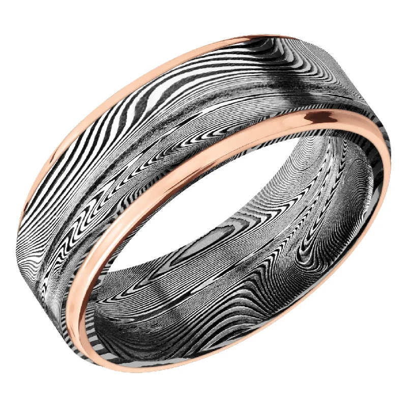 diamond engagement rings with emeralds for women-Lashbrook 8MM TightWeave Damascus Wedding Band with Rose Gold Edge