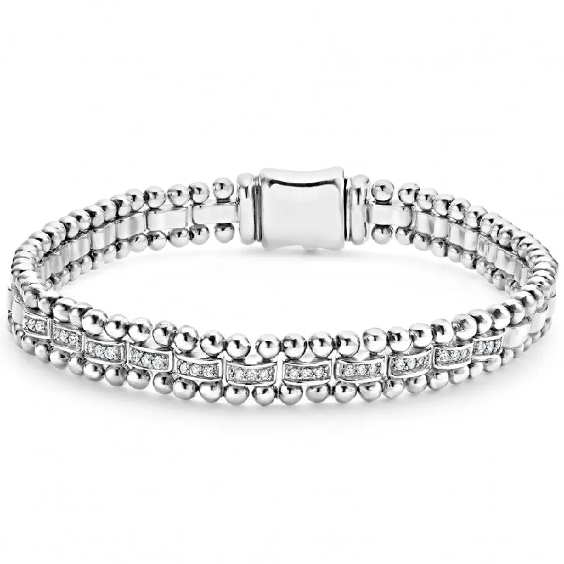 stacking bangles for women-Lagos Sterling Silver Caviar Spark Diamond 11 Pave Station Bracelet