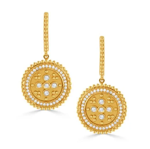 nature-inspired earrings for women-Byzantine 0.39Ct Diamond Satin Finish Halo Drop Earrings in 18k Yellow Gold