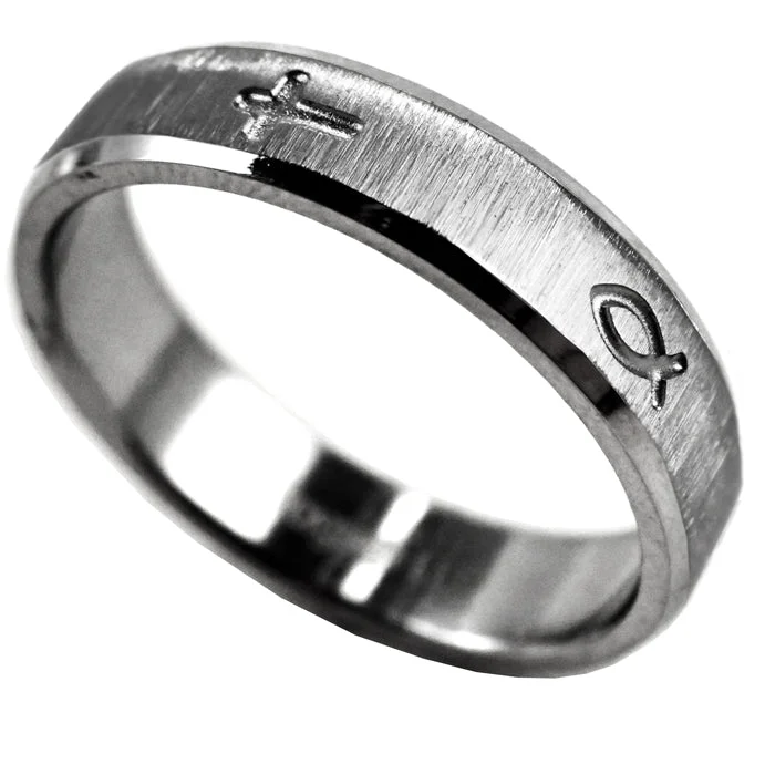 personalized rings for women-Jesus Fish and Cross Ring