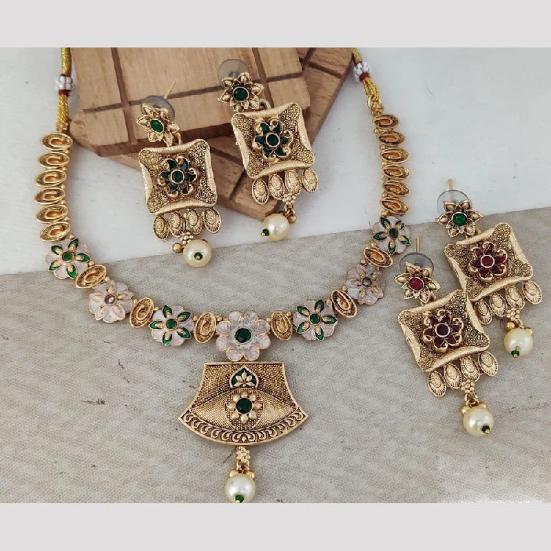 geometric gold necklaces for women-Rani Sati Jewels Gold Plated Pearl And Pota Stone Necklace Set