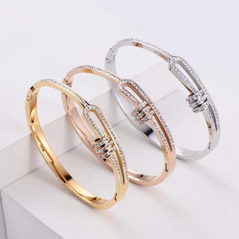 simple bracelets for women-Fashion Geometric Rhinestones Stainless Steel Bracelet Wholesale Gooddiy