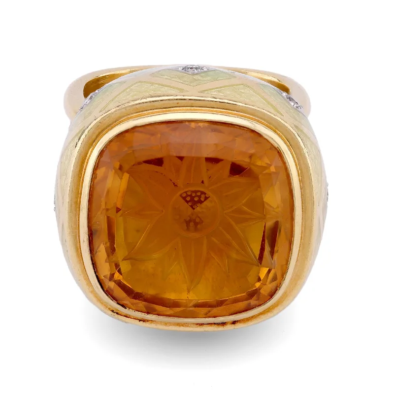 romantic rings for women-Stephen Webster Sunflower Intaglio Citrine Diamond 18K Yellow Gold Cocktail Ring