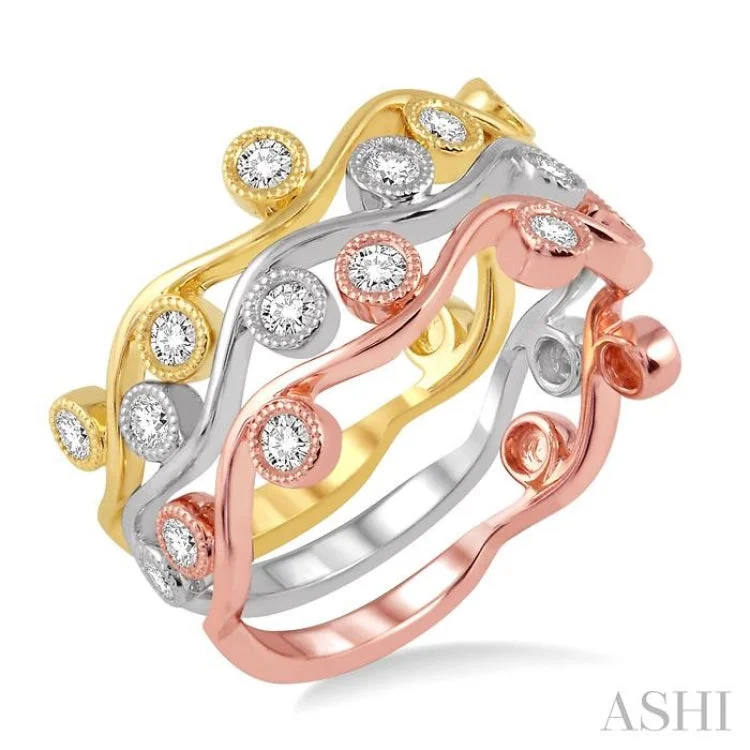 minimalist rings for women-3/8 Ctw Round Cut Diamond Triple Band Set in 14K Tri Color Gold