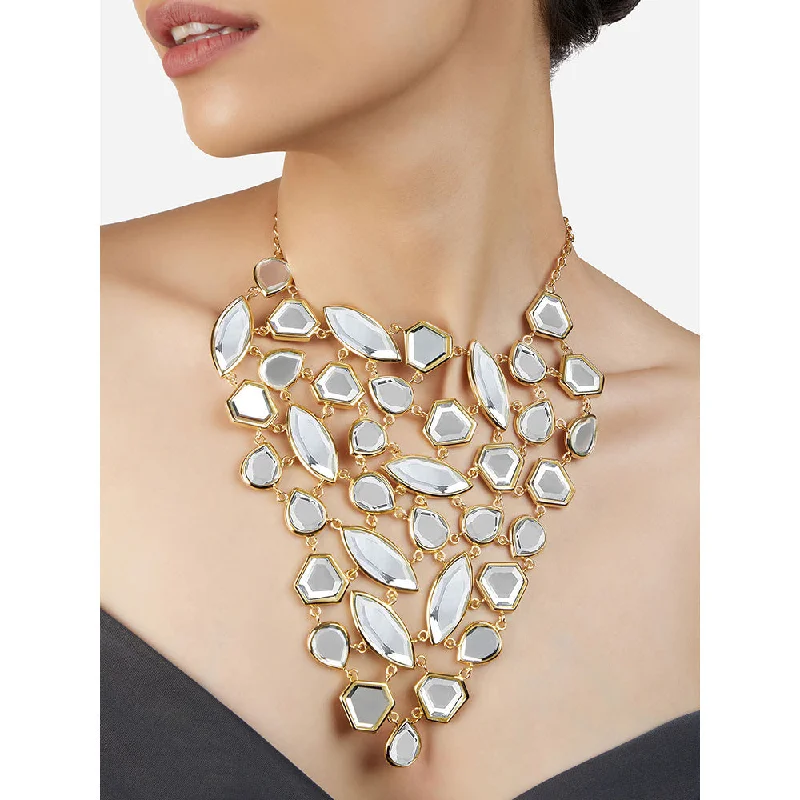 custom engraved necklaces for women-Isharya Mirror Gems Shattered Statement Bib Necklace In 18Kt Gold Plated