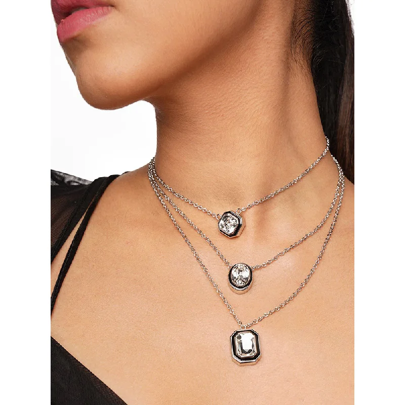 double chain necklaces for women-Isharya Bougie Crystal Layered Necklace In Rhodium Plated