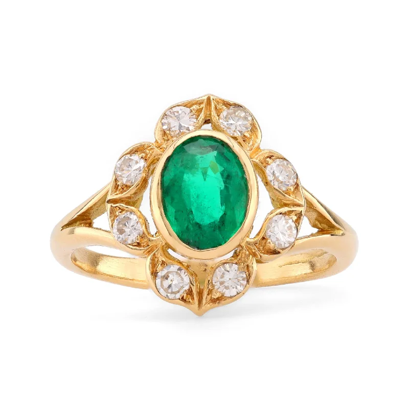 pear-shaped rings for women-Vintage French Emerald Diamond 18K Yellow Gold Cluster Ring