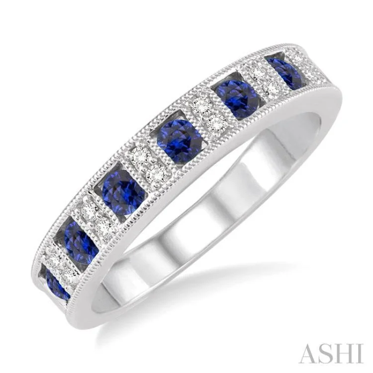 heart shaped rings for women-2.5 mm Round Cut Sapphire and 1/10 Ctw Round Cut Diamond Band in 14K White Gold