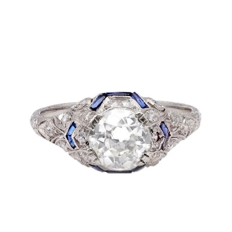 fashion rings for women-Art Deco GIA 1.51 Carat Old European Cut Diamond and Sapphire Platinum Ring