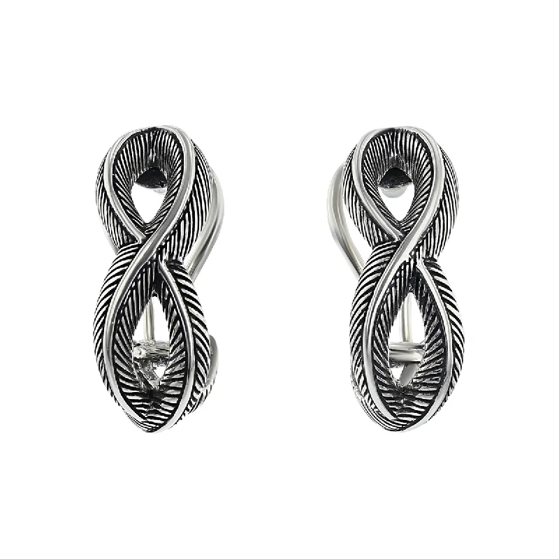 luxury earrings for women-STERLING SILVER INFINITY FEATHER OMEGA HOOP EARRINGS