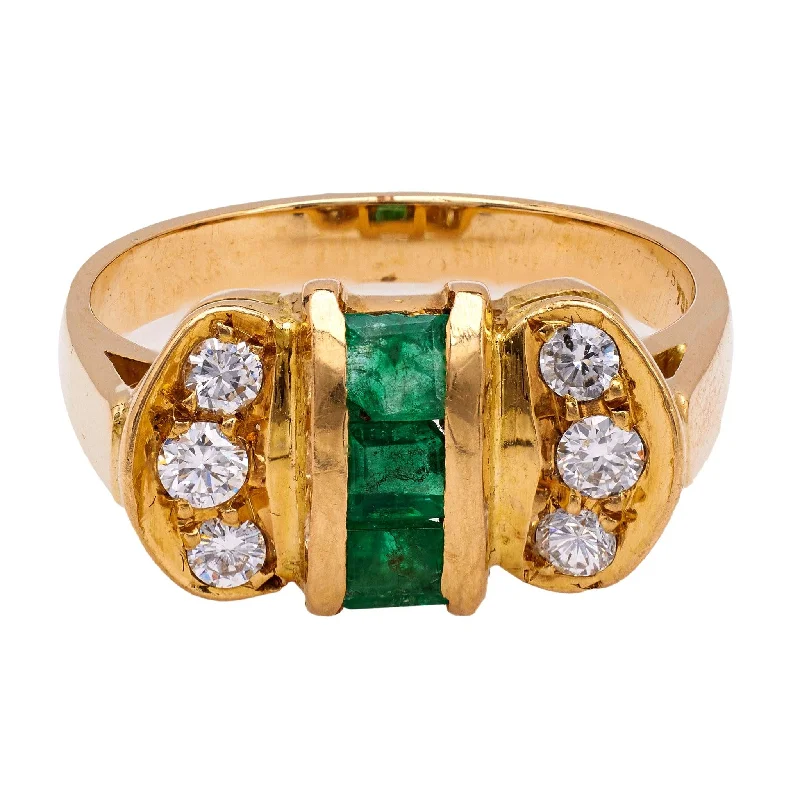 sapphire rings for women-Vintage Emerald and Diamond 18k Yellow Gold Ring