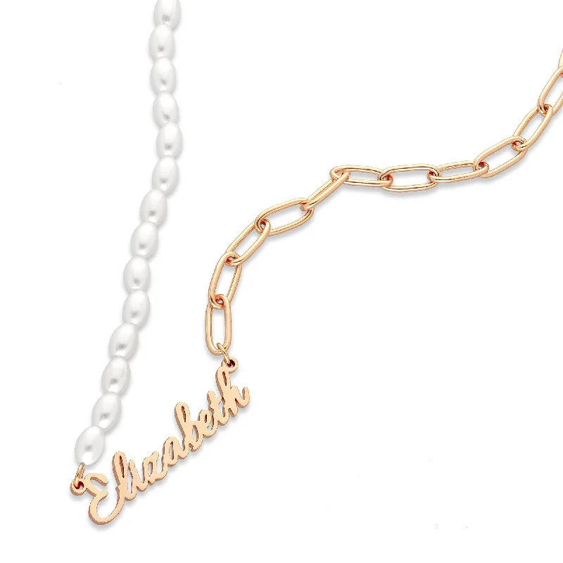 gold pendant necklaces for women-Pearl link name necklace rosé gold