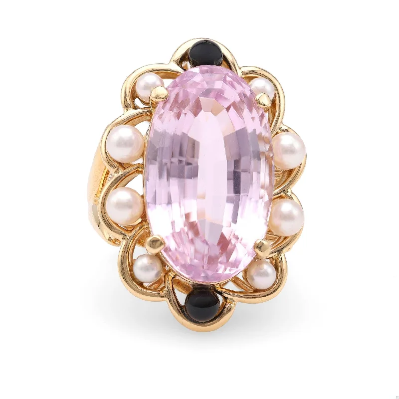 wedding rings for women-Vintage Kunzite Pearl Onyx 18k Yellow Gold Cocktail Ring