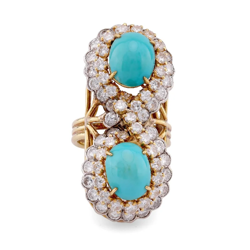 infinity rings for women-Vintage Turquoise Diamond Yellow and White Gold Toi Et Moi Ring