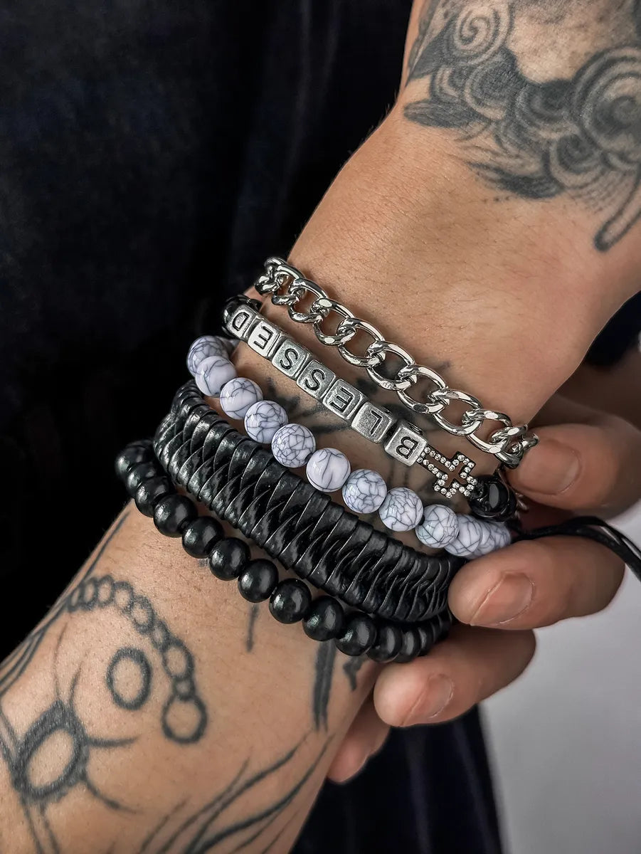 silver bangles for women-Hip-Hop Vintage Style Rock Cross Leather Stone Iron Beaded Inlay Rhinestones Men'S Bracelets