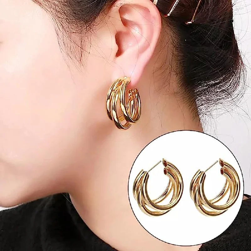 boho earrings for women-Subhag Alankar Gold Tripple Hoop Earring For Girls and Women.