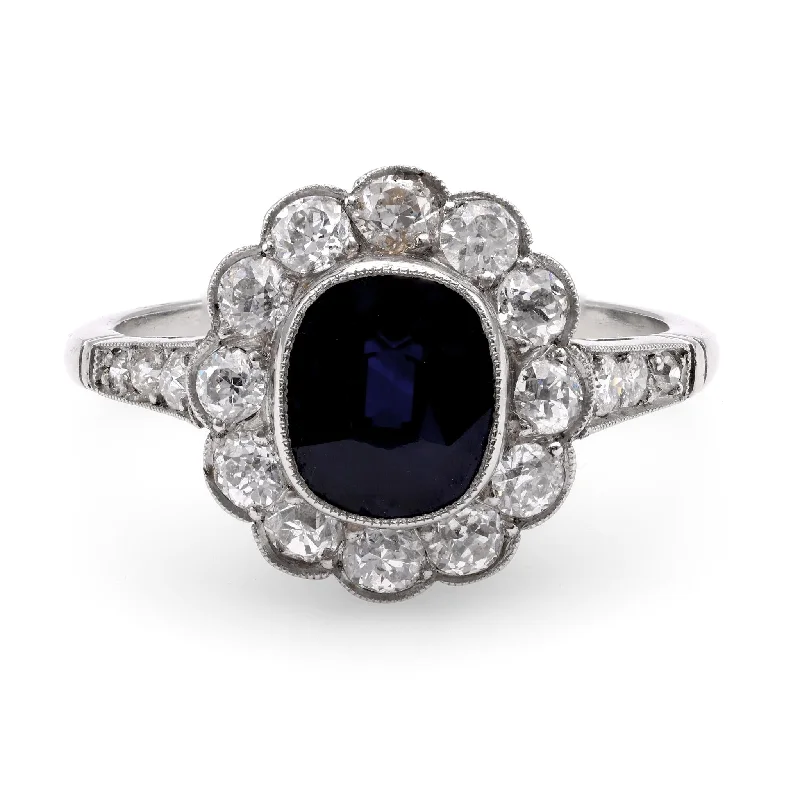 anniversary rings for women-Edwardian Inspired 2.06 Carat Cushion Cut Sapphire Diamond Platinum Cluster Ring