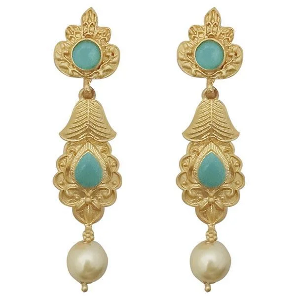 flower earrings for women-Kriaa Blue Pota Stone Gold Plated Pearl Drop Dangler Earrings - 1313111C