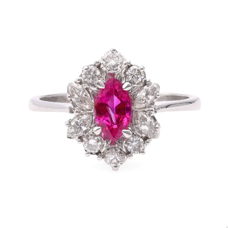 statement cocktail rings for women-Vintage Ruby Diamond 18k White Gold Cluster Ring