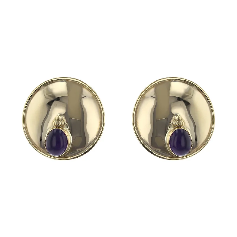 luxury gold earrings for women-14K Yellow Gold Amethyst Button Earrings