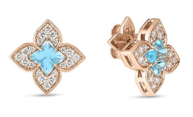 unique earrings for women-Venetian Princess 0.38Ct Diamond and 0.85Ct Blue Topaz Floral Stud Earrings in 18k Rose Gold