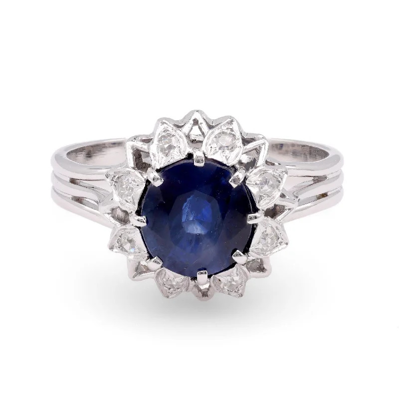 double rings for women-Mid-Century GIA 2.21 Carat Oval Sapphire Diamond 18K White Gold Ring