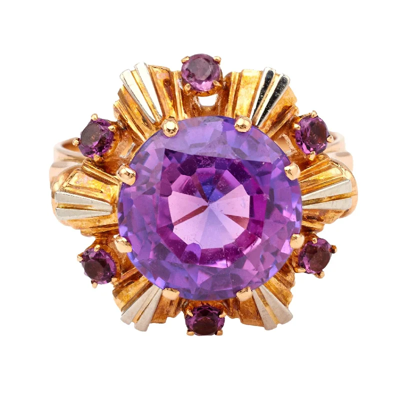 ruby rings for women-Vintage French Reddish Purple Synthetic Sapphire 18k Yellow Gold Cocktail Ring