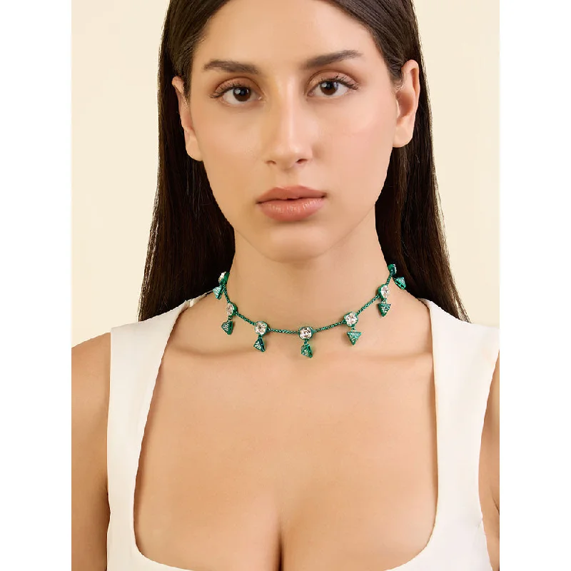 simple gold necklaces for women-Isharya Jungle Green Pyramid Crystal Necklace In Signature Colored Plating