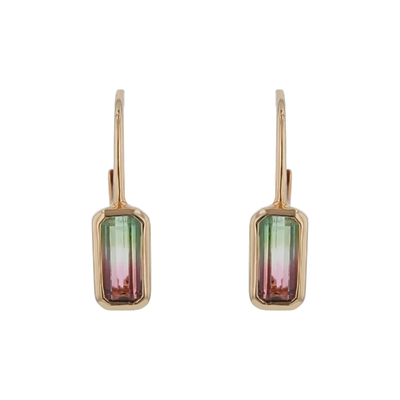 vintage earrings for women-1.10Ct Bi-Color Tourmaline Bezel Drop Earrings in 14k Yellow Gold