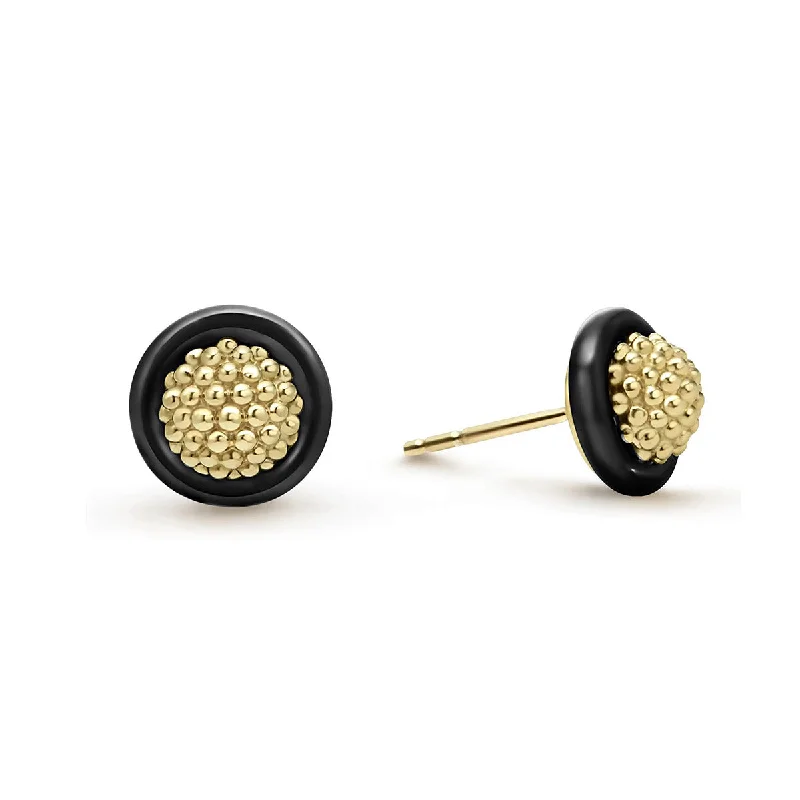 delicate earrings for women-18K Gold Caviar and Black Ceramic Stud Earrings