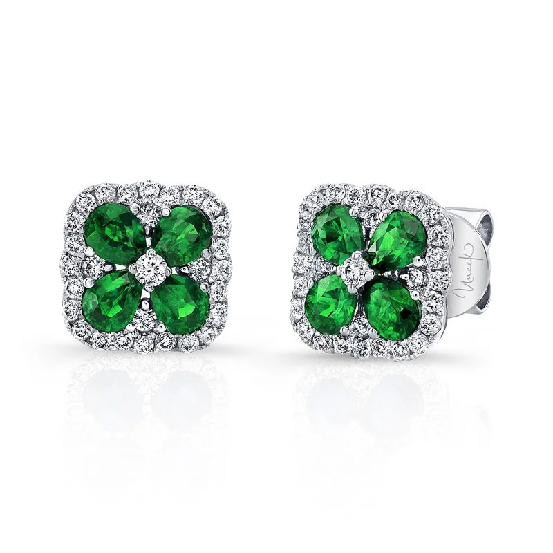 infinity earrings for women-66 0.41ct Round Diamonds and 8 1.09ct Oval Emeralds Earrings in 18K White Gold