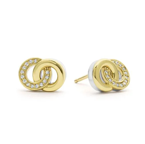 bohemian earrings for women-Signature Caviar 0.11Ct Diamond Interlocking Circle Stud Earrings in 18K Yellow Gold and Sterling Silver