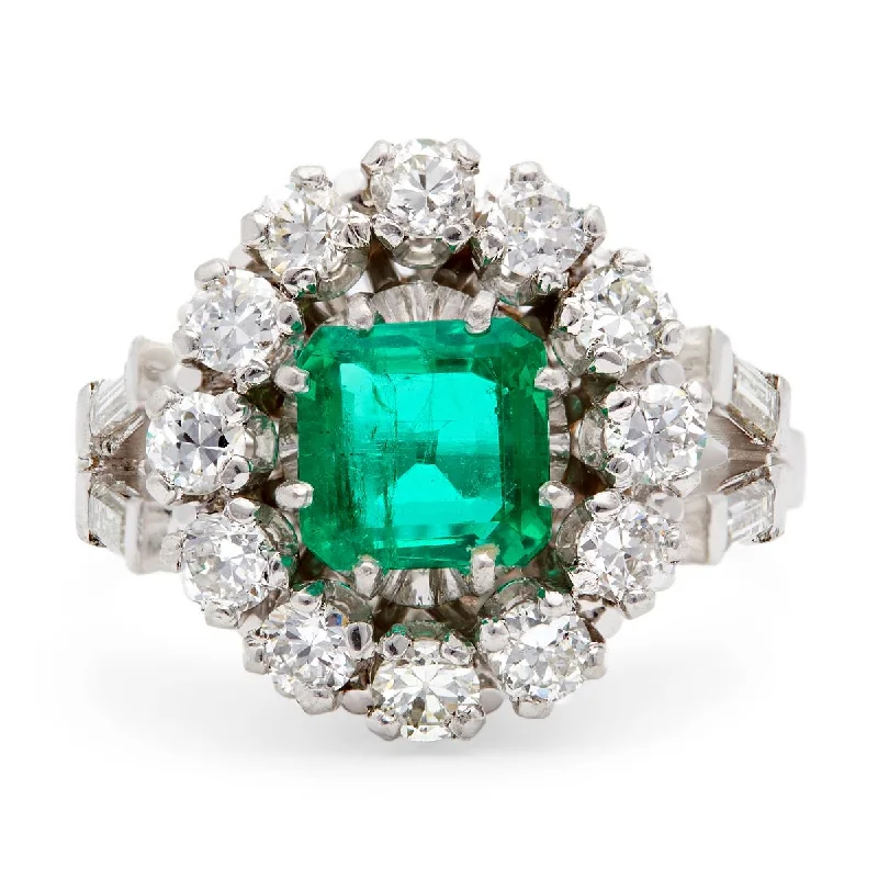 adjustable rings for women-Mid Century French GIA Colombian Emerald and Diamond 18k White Gold Cluster Ring