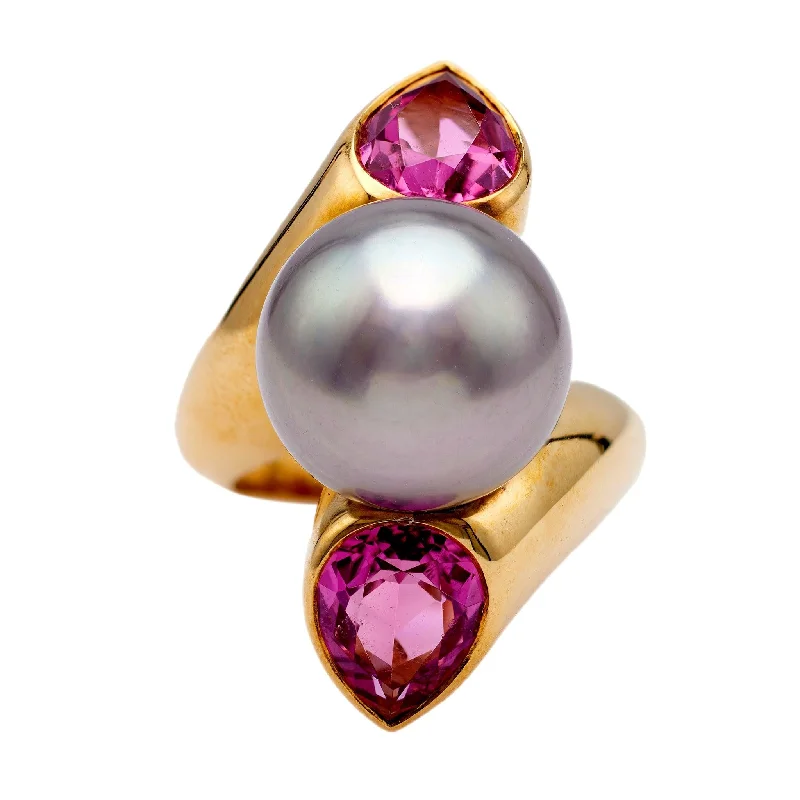 sterling silver rings for women-Vintage French Pearl and Tourmaline 18k Yellow Gold Ring