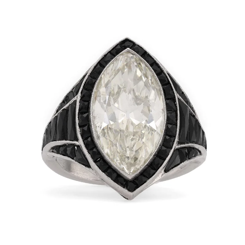 classic solitaire rings for women-Art Deco Style 6.59 Carat Oval Cut Diamond Onyx Platinum Cocktail Ring