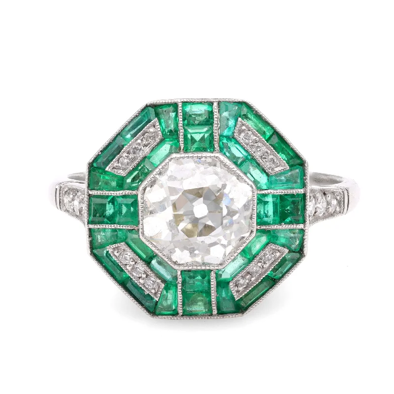 band rings for women-Art Deco Inspired 1.45 Carat Diamond Emerald Platinum Ring