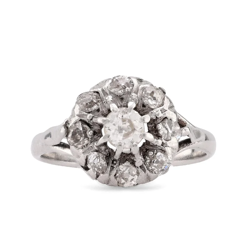 multi-stone rings for women-Art Deco Old Mine Diamond 18K White Gold Cluster Ring