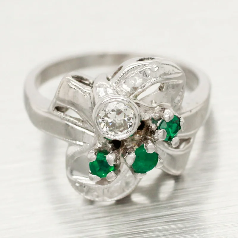 stackable rings for women-Antique Art Deco 0.40ctw Emerald & Diamond Ribbon Ring - 14k White Gold Swirl