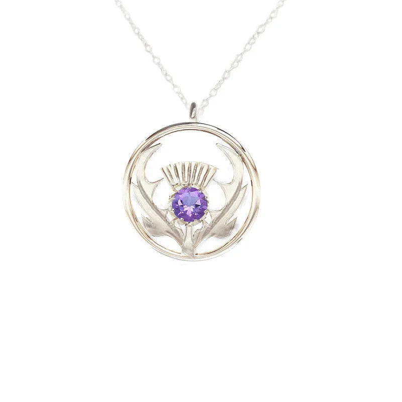 classic pearl necklaces for women-Round Scottish Thistle Necklace in Silver with Amethyst